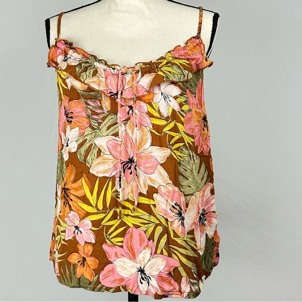 Billabong spaghetti strap tank w/ front ruffle; melon & pink color - size small